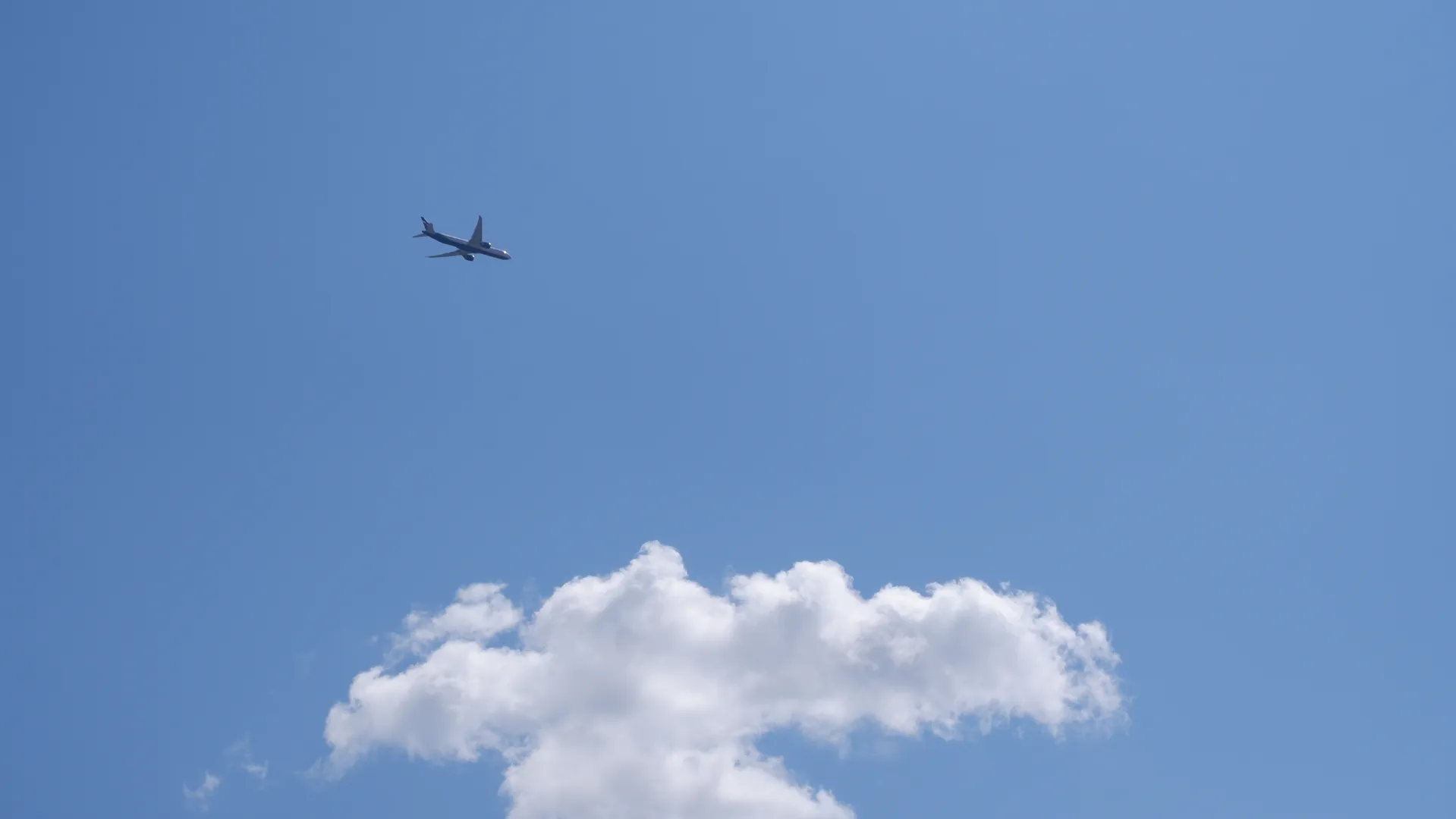 Against the blue sky, an airplane is flying. The plane is on the left side of the image and clearly visible. Below is a large white cloud.