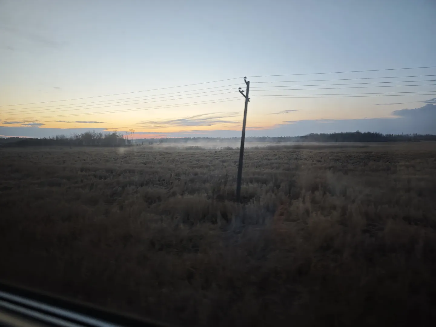 A vast field appears tranquil under the setting sun, with a power pole standing in the field. The sky has an orange-to-blue gradient, with tree silhouettes in the distance. A slight mist covers the surface of the field.