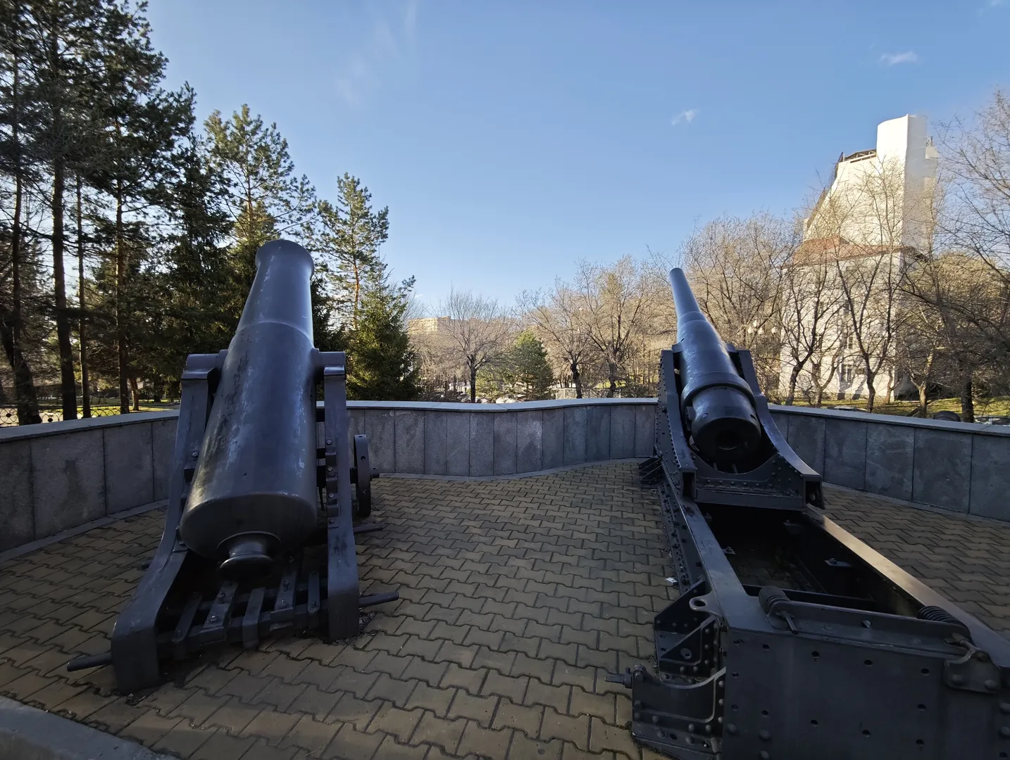 Two large black cannons are placed on a brick-paved surface, with trees and buildings in the background.