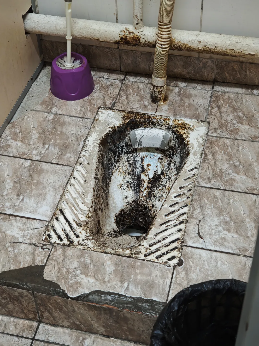 A very dirty square squat toilet, with a purple toilet brush beside it. The floor is tiled with ceramic tiles.