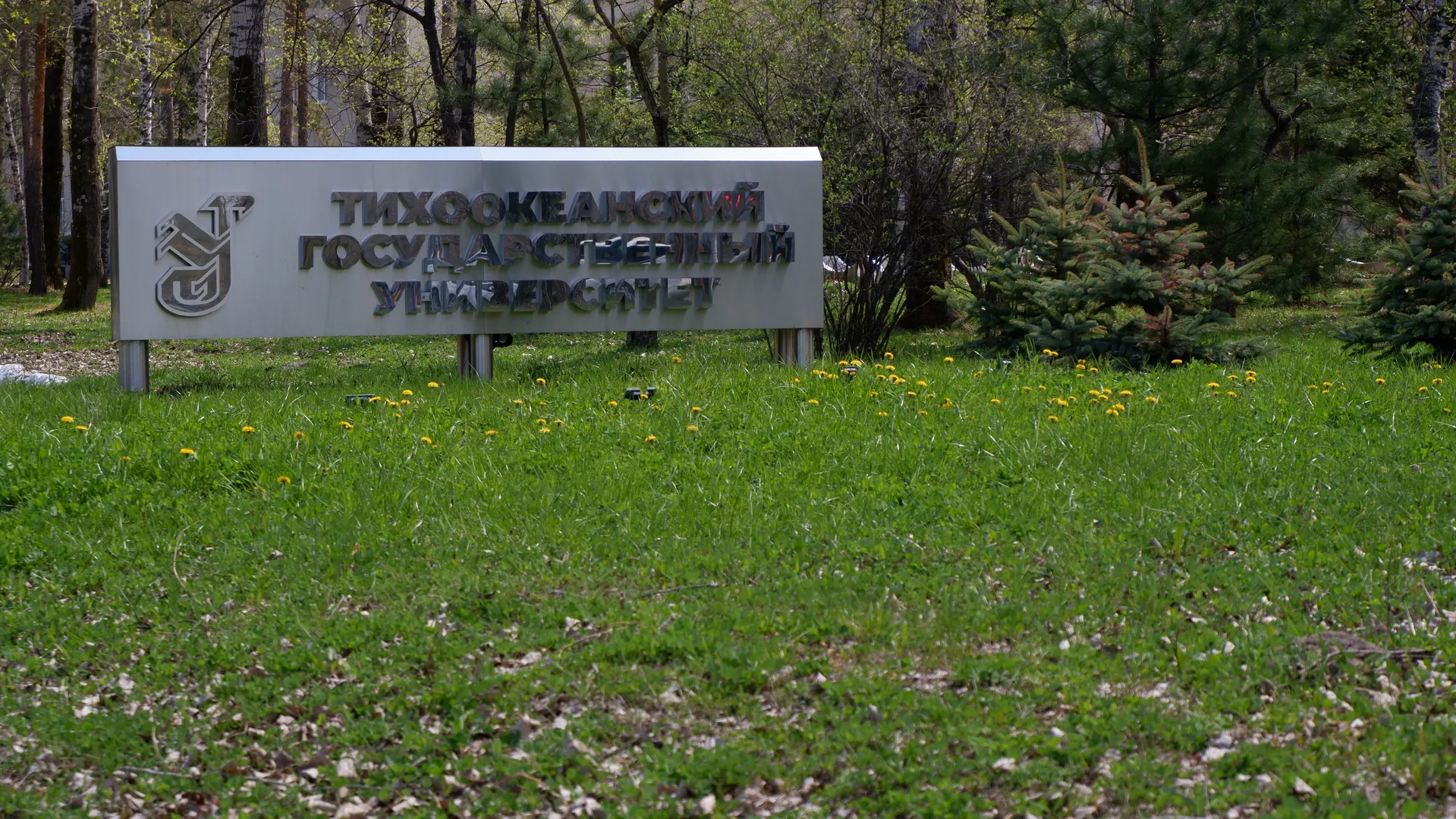 A white sign reads “ТИХООКЕАНСКИЙ ГОСУДАРСТВЕННЫЙ УНИВЕРСИТЕТ,” surrounded by green grass and trees. Yellow flowers dot the grass. To the left of the sign is a graphic logo.
