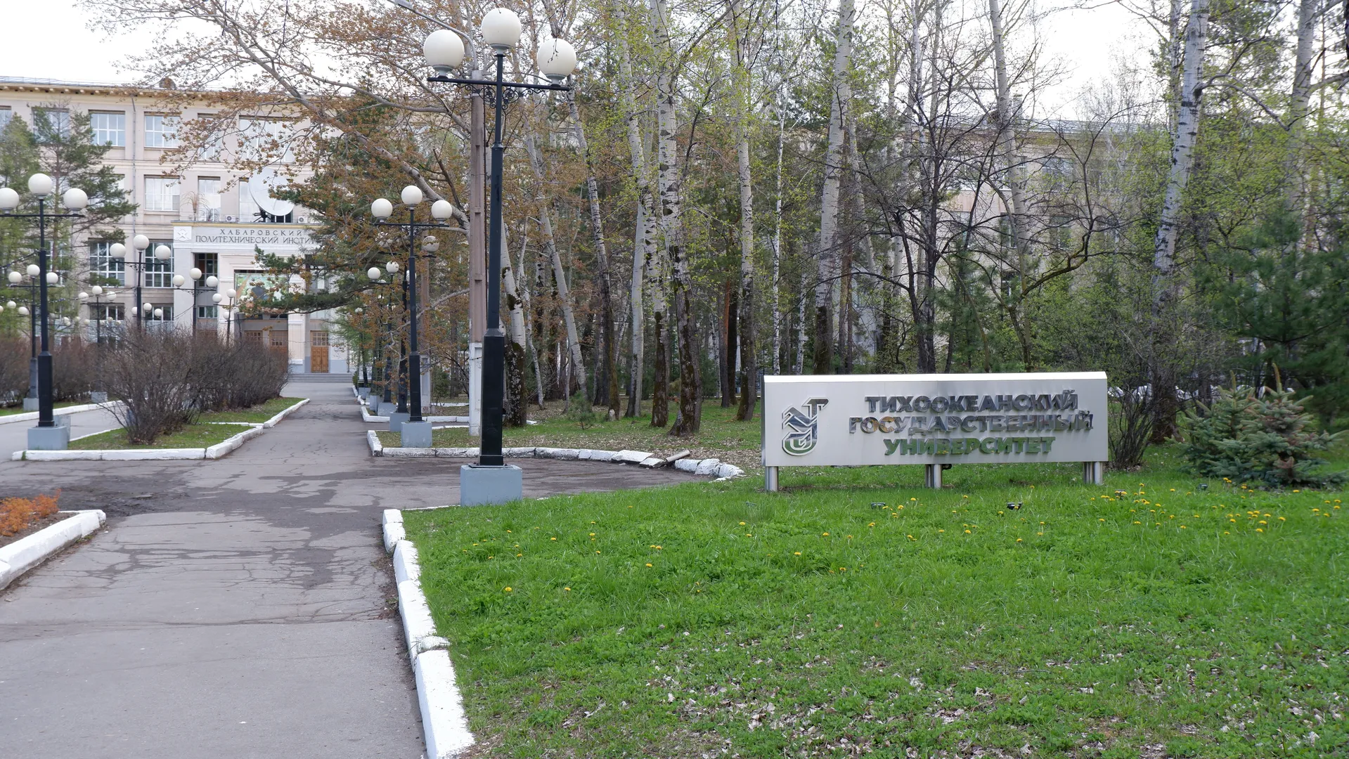 Along a road with streetlights, there is a white sign reading “ТИХООКЕАНСКИЙ ГОСУДАРСТВЕННЫЙ УНИВЕРСИТЕТ.” Trees and shrubs line both sides of the road. There is a graphic logo to the left of the sign.