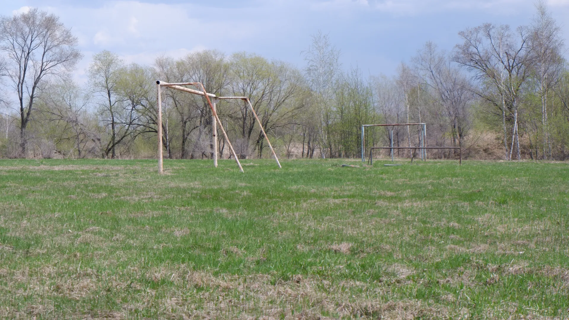 A green meadow with two football goalposts. One goalpost is relatively intact, while the other appears worn. In the distance, dense trees can be seen.