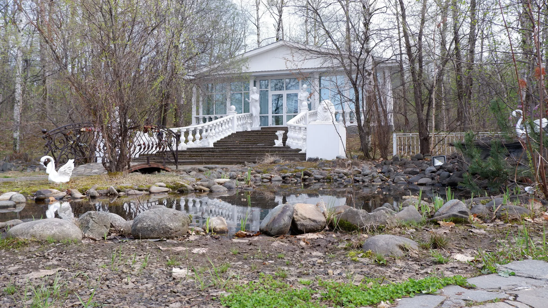 A white building is situated in the woods, with a small pond in front. The pond is surrounded by stones and vegetation, and the building has stairs and a railing in front. A white swan is near the pond.