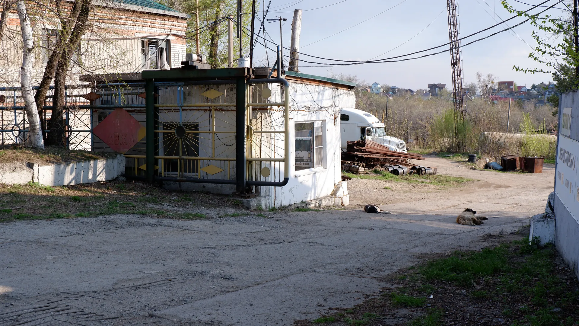 An industrial district scene, with a building on the left featuring a decorative wrought-iron gate, and a truck parked on the right. Two dogs rest on the ground, and the environment appears desolate.