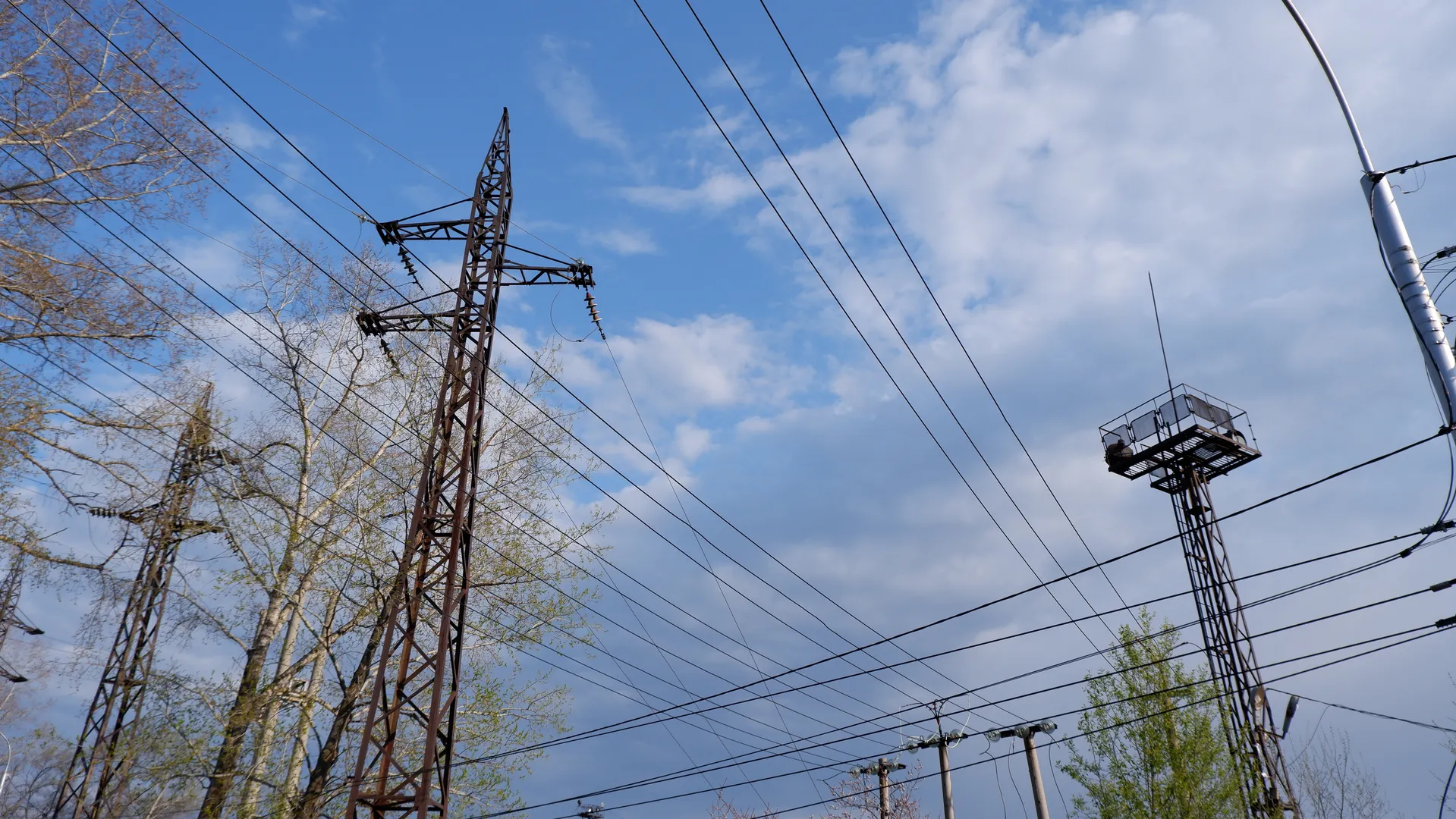 High-voltage power towers and several power lines extend under a blue sky with white clouds, with trees nearby. The power towers have a complex structure, and the power lines are neatly arranged. The distant sky has sparse clouds.