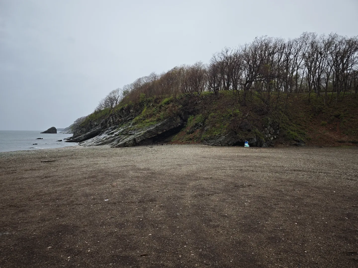 A beach with fine pebbles covering the sand, with rocks and trees beside it. In the distance, the calm sea can be seen, along with a protruding rock. The sky is overcast, with dim lighting.