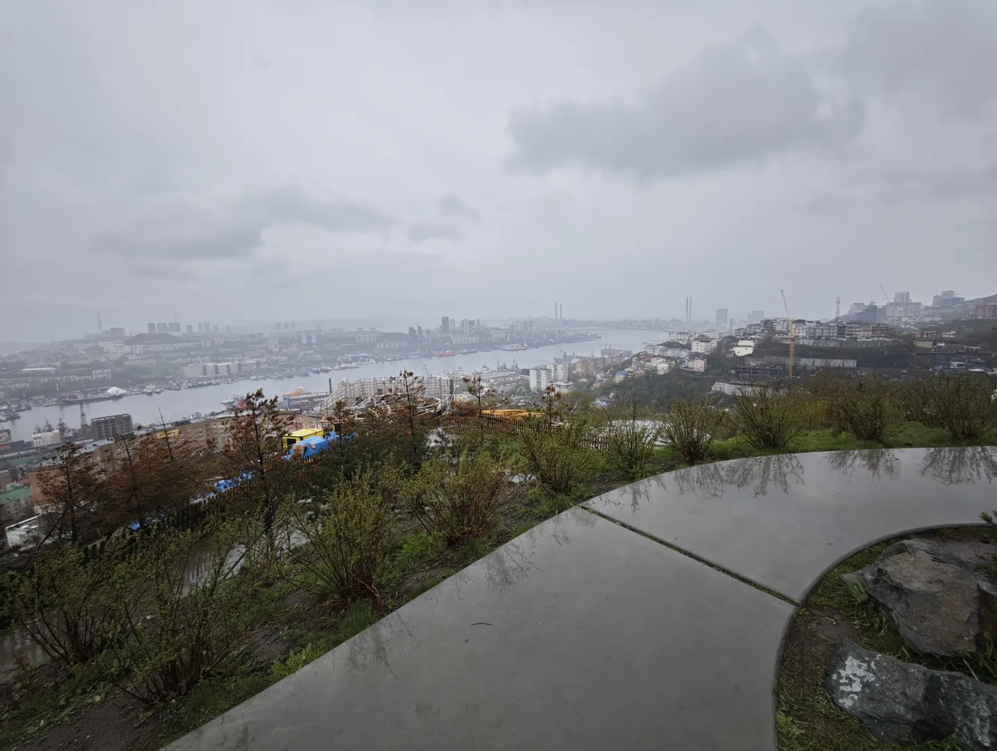 A winding path leads to a cityscape, with greenery on both sides. In the distance, the river and the buildings on both banks are visible, with a modern architectural style. The sky is overcast, and the view is somewhat blurry.