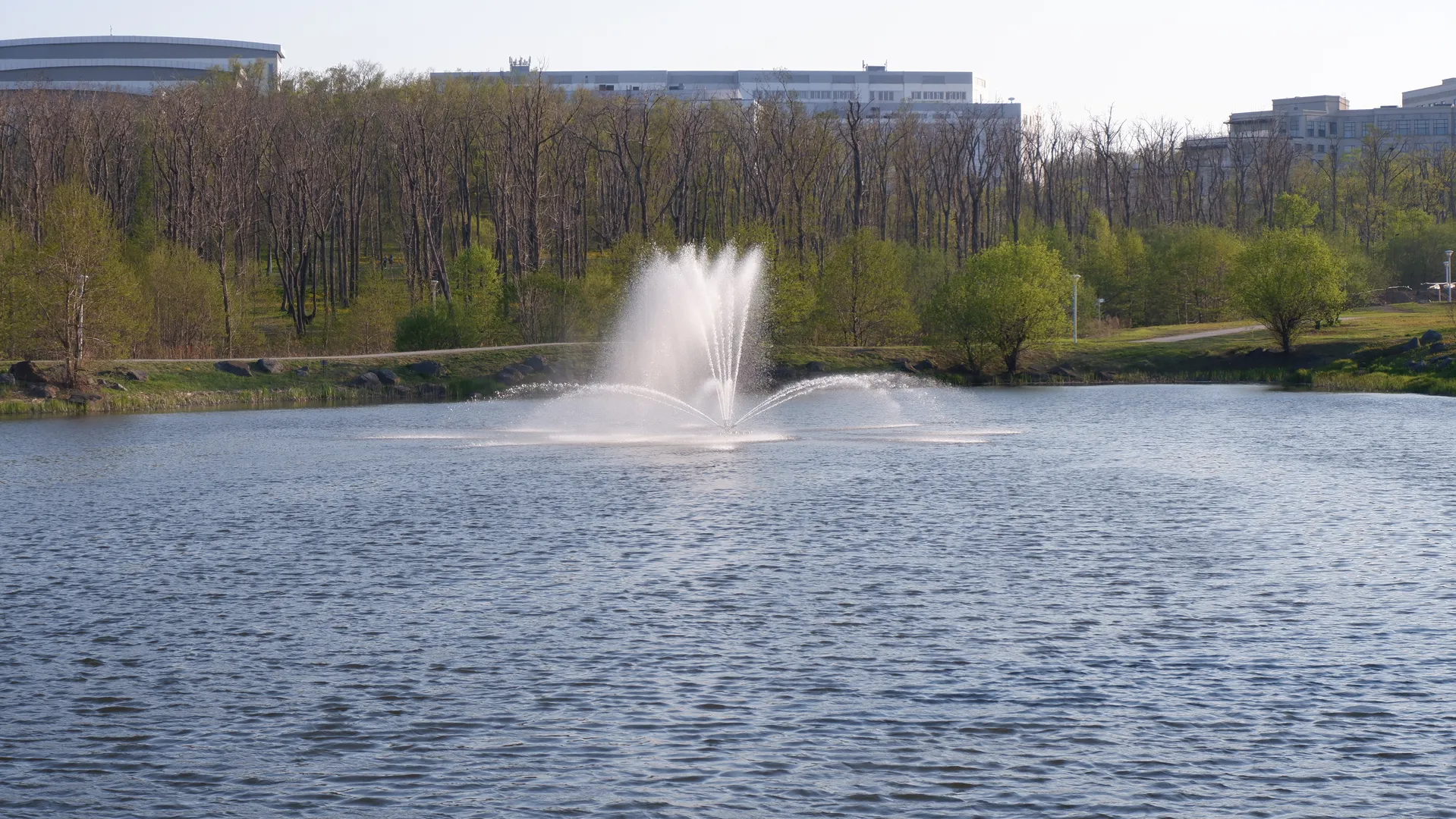 In the center of a body of water stands a fountain, its water jet spraying upward to create beautiful splashes. Surrounding the water are lush trees with leaves of varied colors. In the distance, some low-rise buildings can be seen.