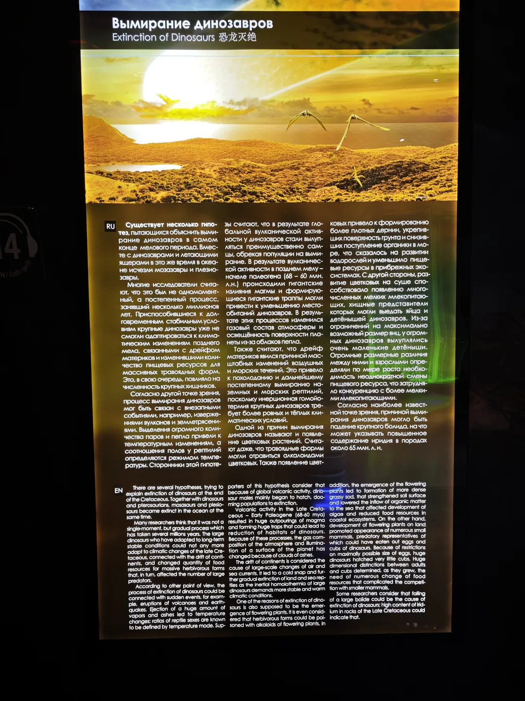 Explanatory panel on dinosaur extinction, mentioning multiple hypotheses such as volcanic activity and climate change. Above features a silhouette of a pterosaur in flight, with relevant textual descriptions below.