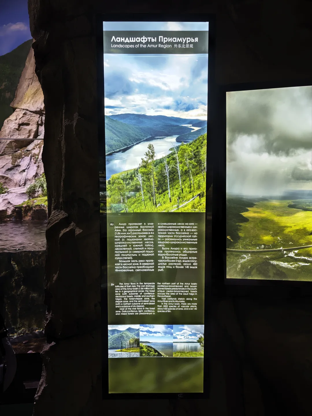 The display board is titled “Landscapes of the Amur Region”, introducing the landscapes of the Amur Region. The content covers forests, rivers, and mountains, accompanied by multiple natural scenery photos.