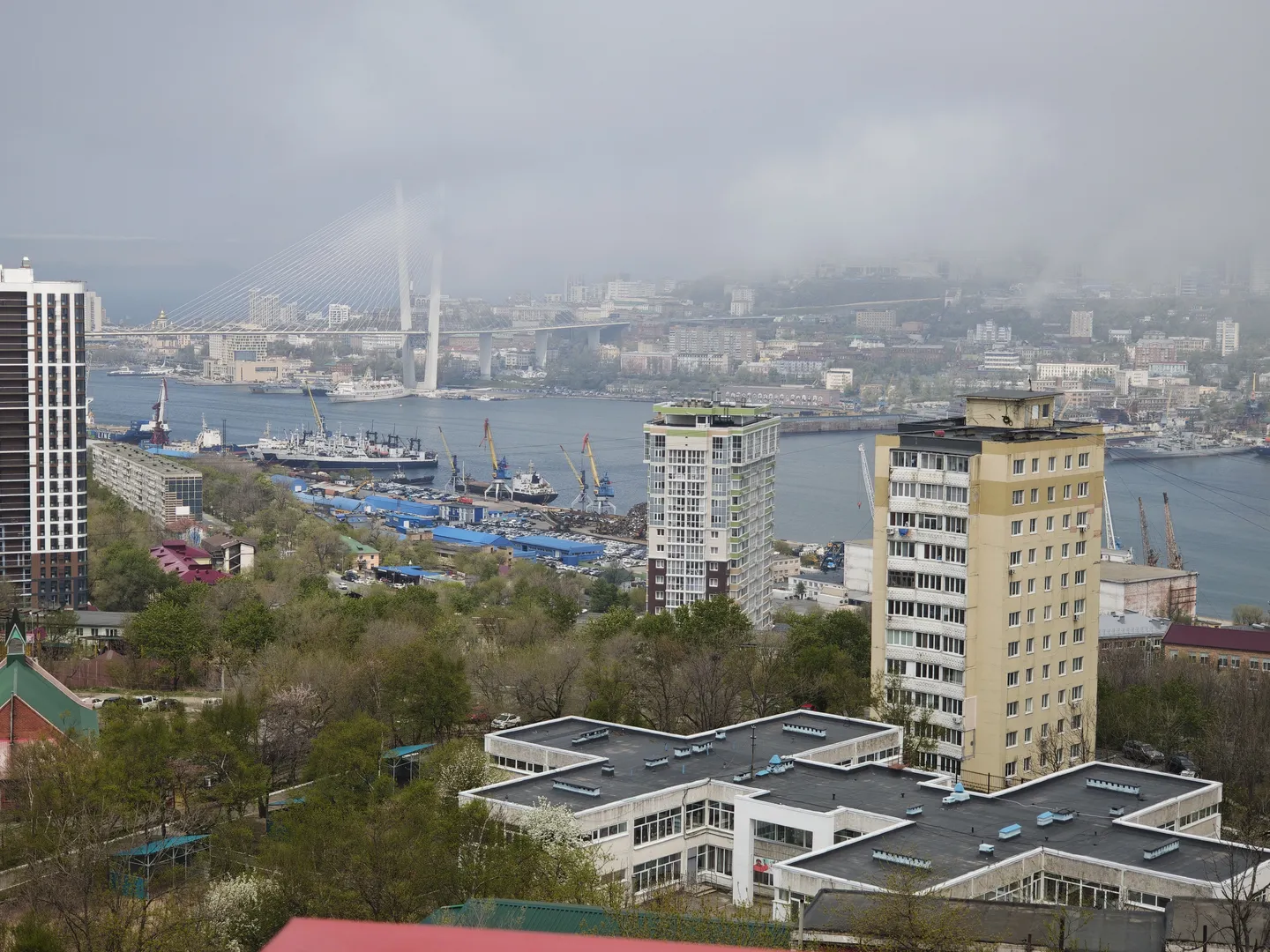 In the urban landscape, towering skyscrapers and low-rise buildings are interspersed in a picturesque arrangement, with a river flowing through the middle, adorned with bridges and boats. The distant buildings are shrouded in mist, and the sky is overcast. Lush green vegetation lines both banks of the river.