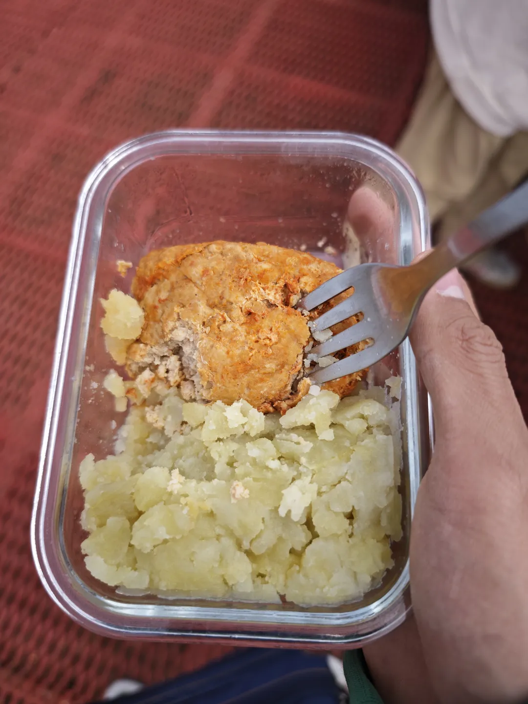 One hand holds a fork, which is stuck into food inside a transparent container containing mashed potatoes and a fried meat patty. The container is placed on a red tablecloth, and the fork is about to lift the food.