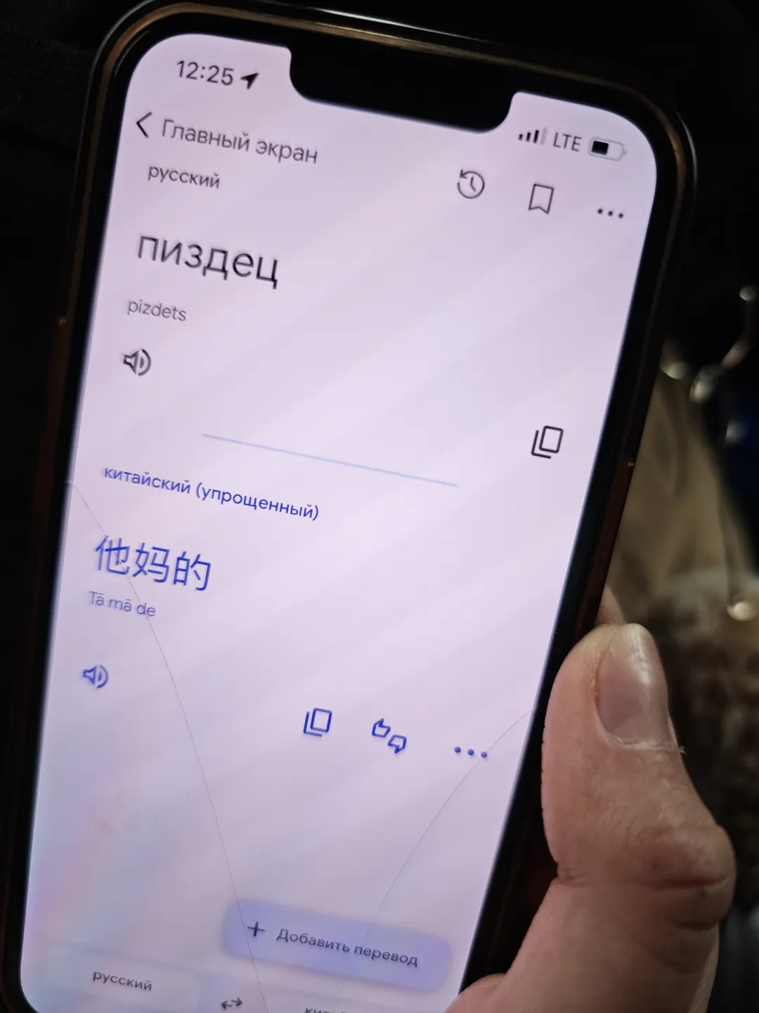 The phone screen displays the Russian word “пиздец” along with its Chinese translation “他妈的”. The time shown at the top of the screen is 12:25, with an LTE signal indicator.