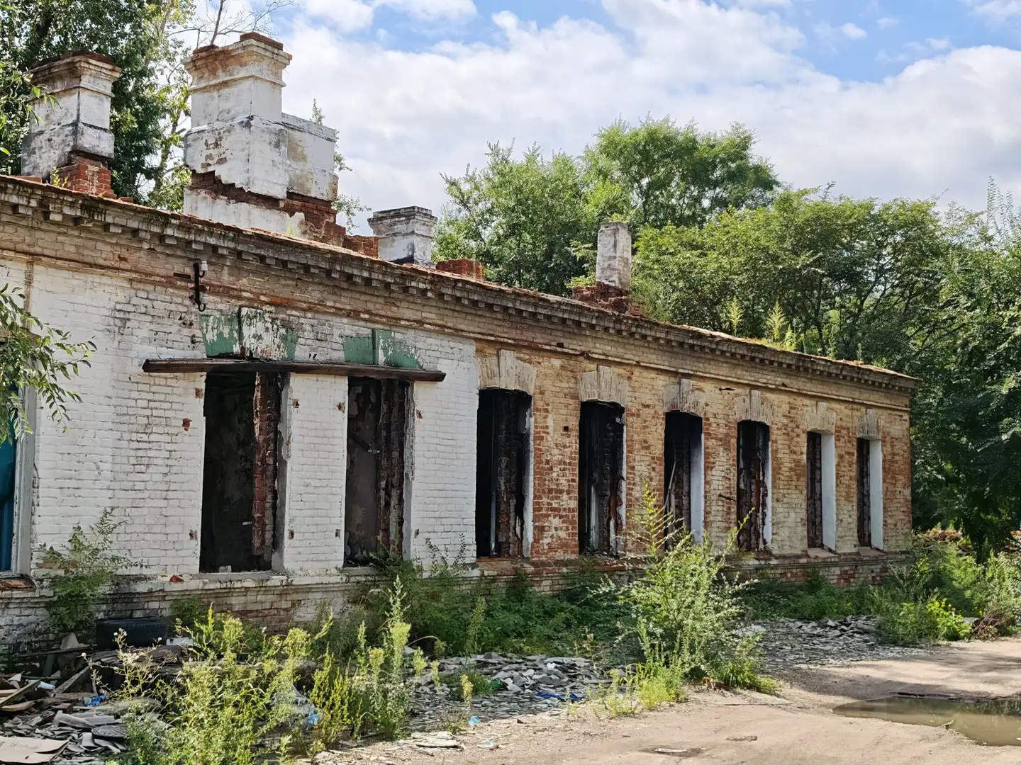 一排废弃的砖砌建筑，墙面斑驳，窗户破损，部分墙体裸露砖块。屋顶有多个烟囱，周围长满杂草，地面散落碎石和垃圾，背景是茂密的树木。