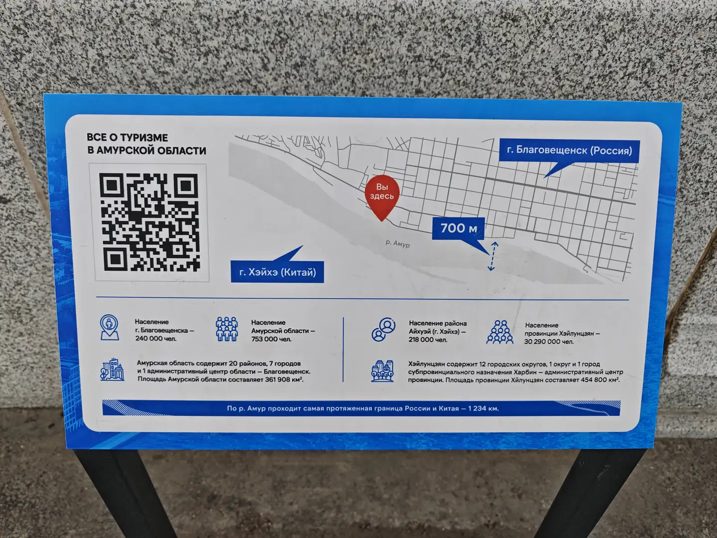 一块蓝色边框的信息牌，上面有地图、二维码和文字说明。地图标注了“г. Благовещенск (Россия)”和“г. Хэйхэ (Китай)”，显示两地距离为700米。下方列出了人口数据和地理信息，包括阿穆尔州和中国黑龙江省的面积与人口。