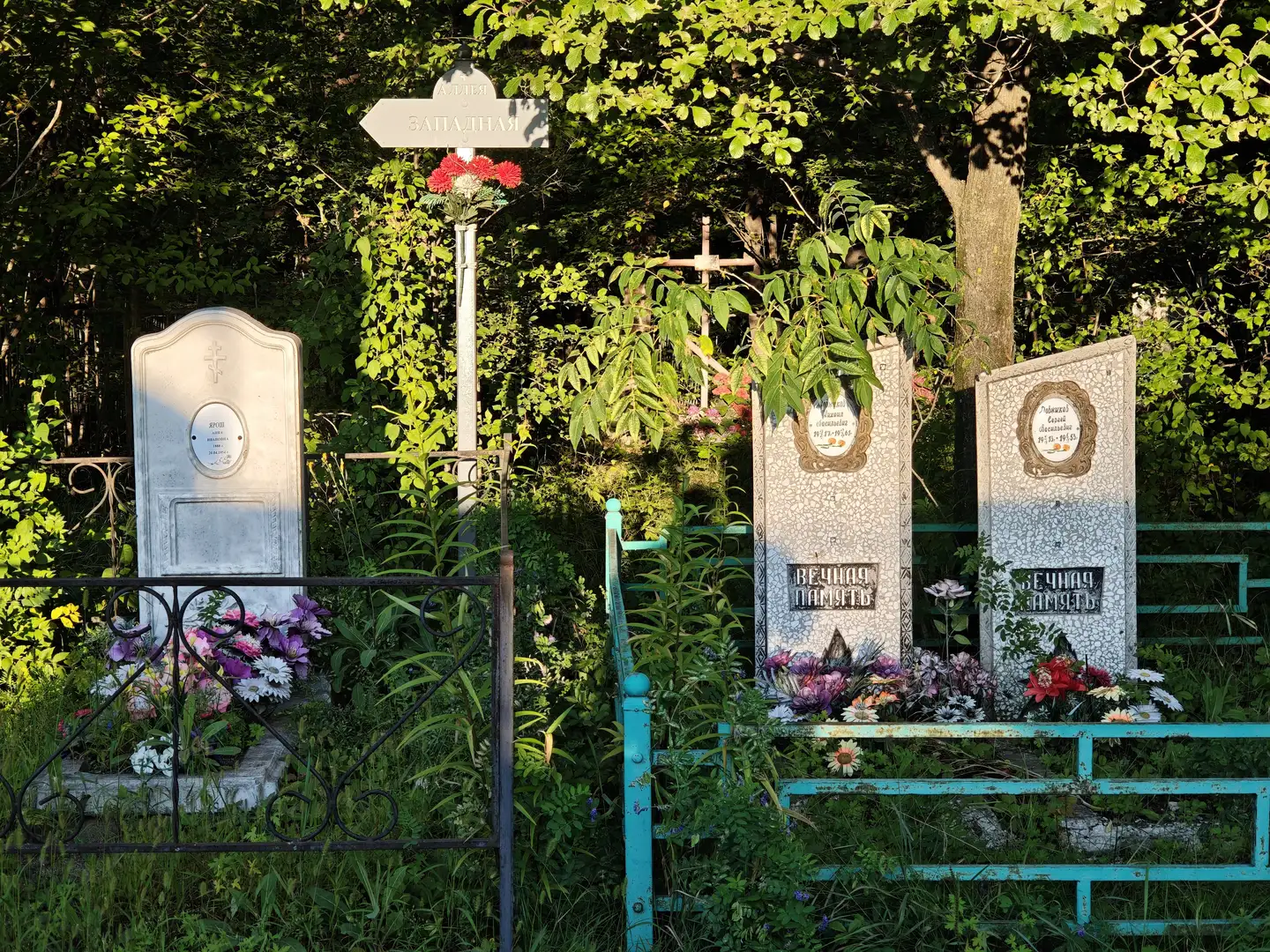 墓地中有几座石碑，左侧石碑为白色，顶部有十字架，前方摆放着紫色和白色的鲜花。中间和右侧的石碑为浅色石材，上面有圆形铭牌和“ВЕЧНАЯ ПАМЯТЬ”字样，周围种有多种颜色的花朵。背景是茂密的树木和绿色植被，阳光透过树叶洒下。