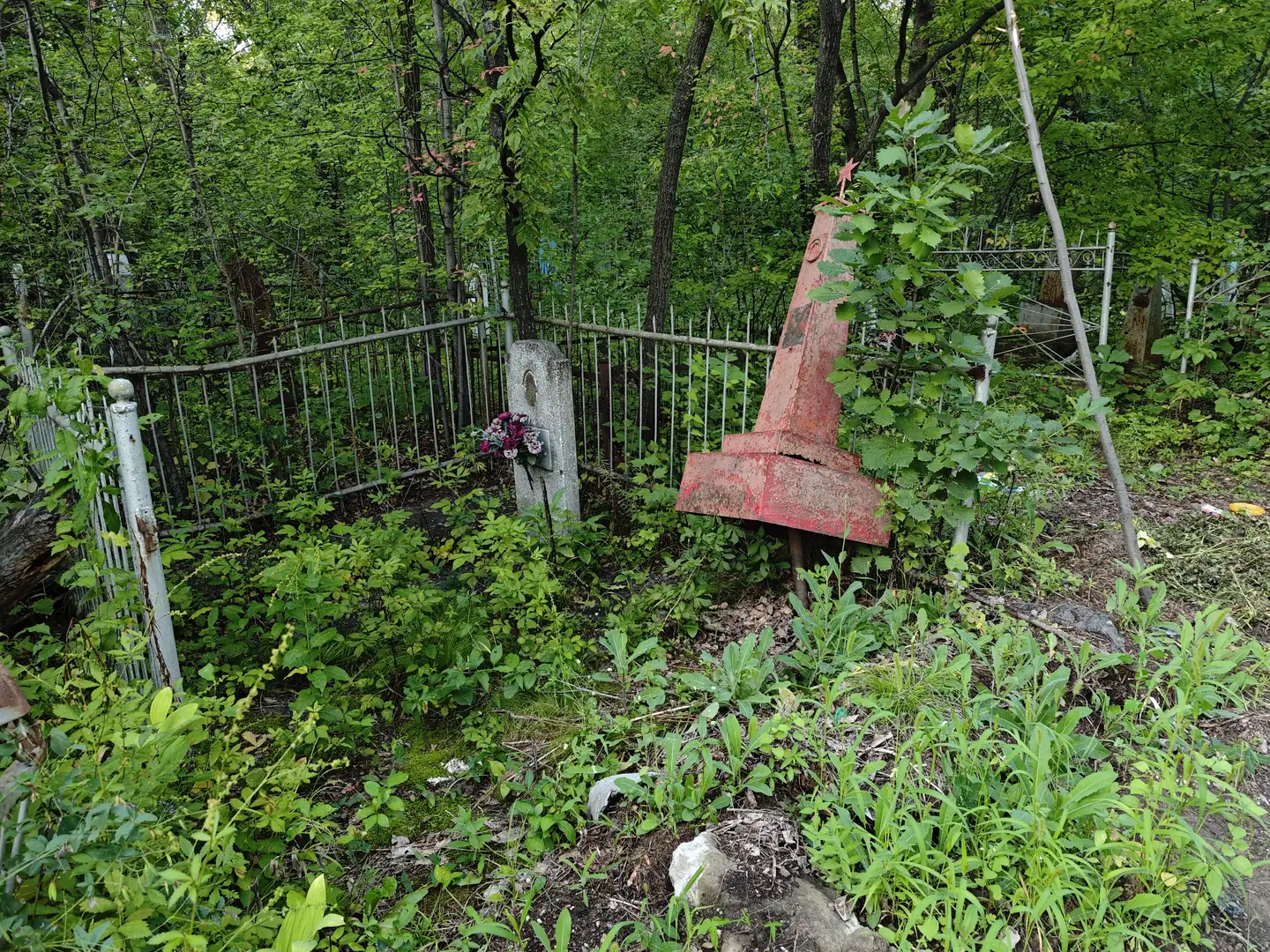 一个倾斜的红色金属结构立在杂草丛生的地面上，旁边是一个灰色的石碑，上面插着一束花。周围有铁丝网围栏和茂密的树木，地面覆盖着落叶和野草。远处隐约可见其他墓碑和植被。