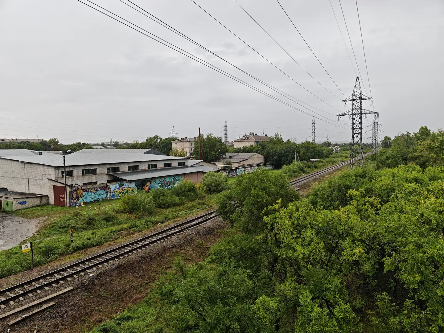 铁轨沿着工业区延伸，两旁是杂草和树木。左侧是一排厂房，墙上绘有涂鸦壁画。远处可见高压电线塔和几栋建筑物，天空阴沉。