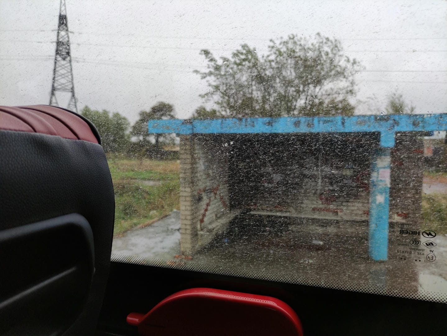 View through window of worn blue bus stop with trees and utility poles behind.