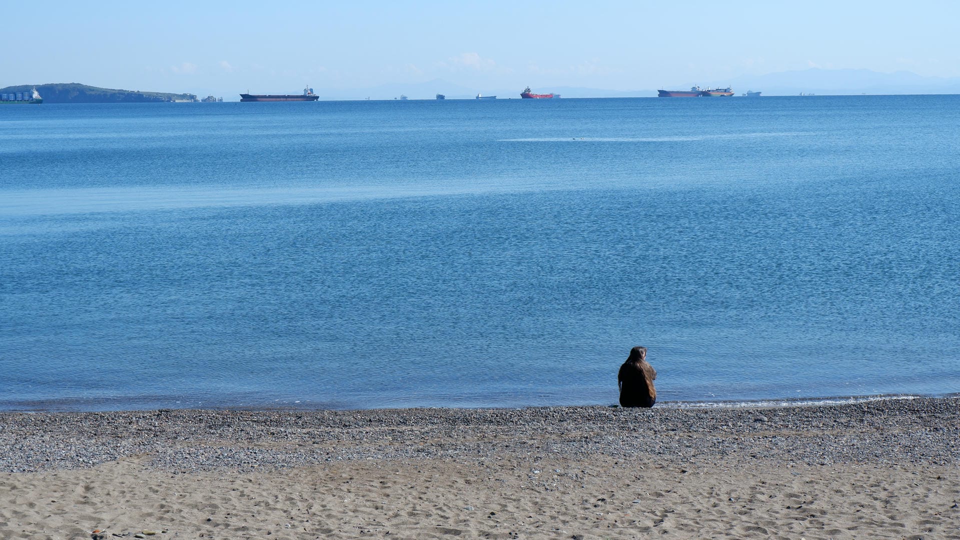Person sitting on beach facing sea with anchored boats in distance.