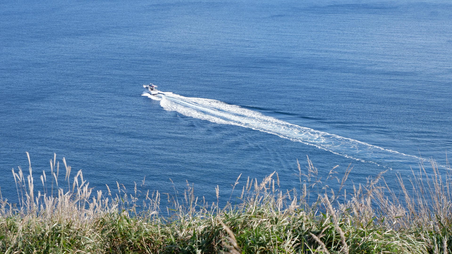 Boat sailing on blue sea leaving white wake.