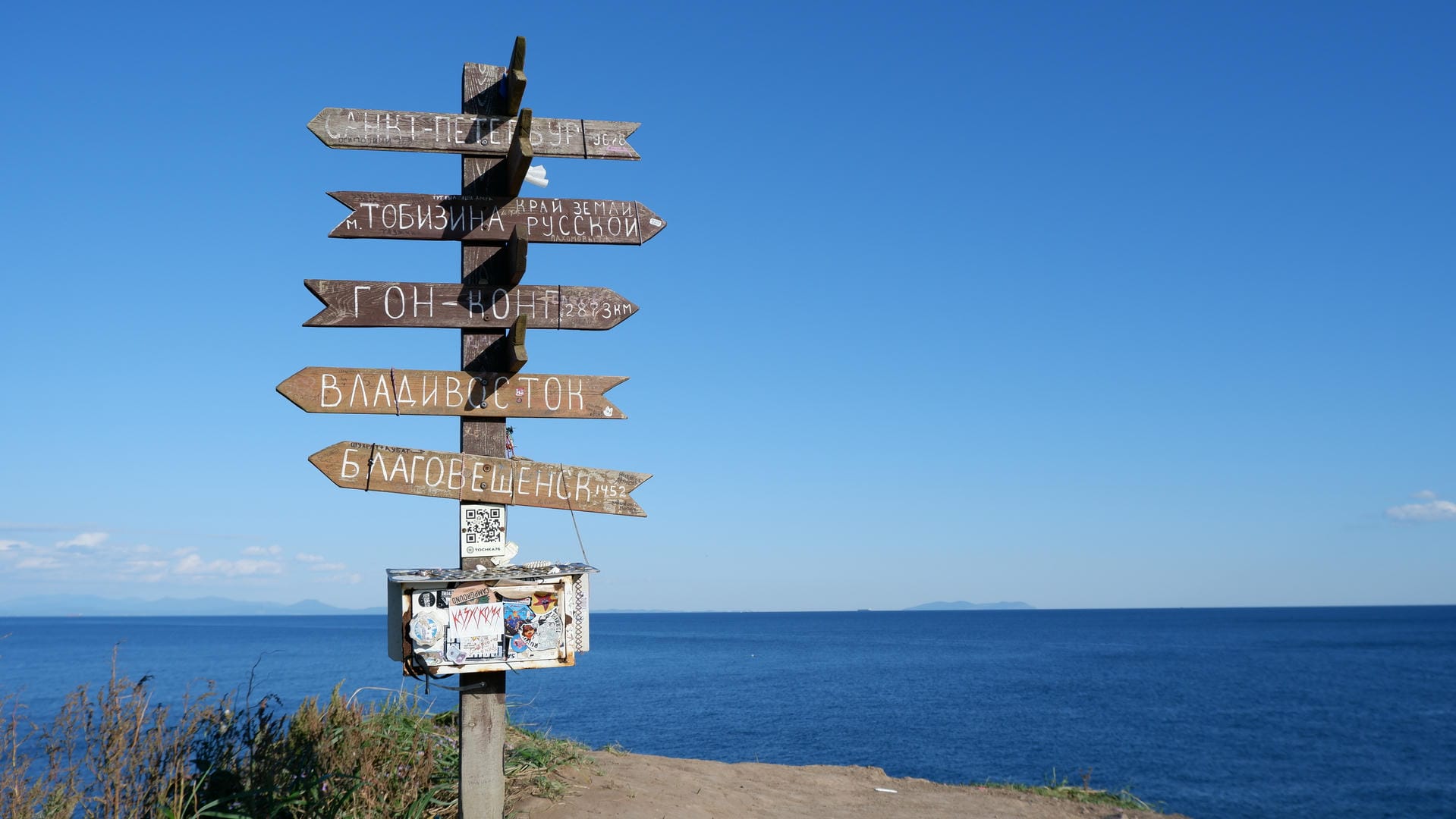 Wooden signpost showing city names/directions with sea and sky backdrop.