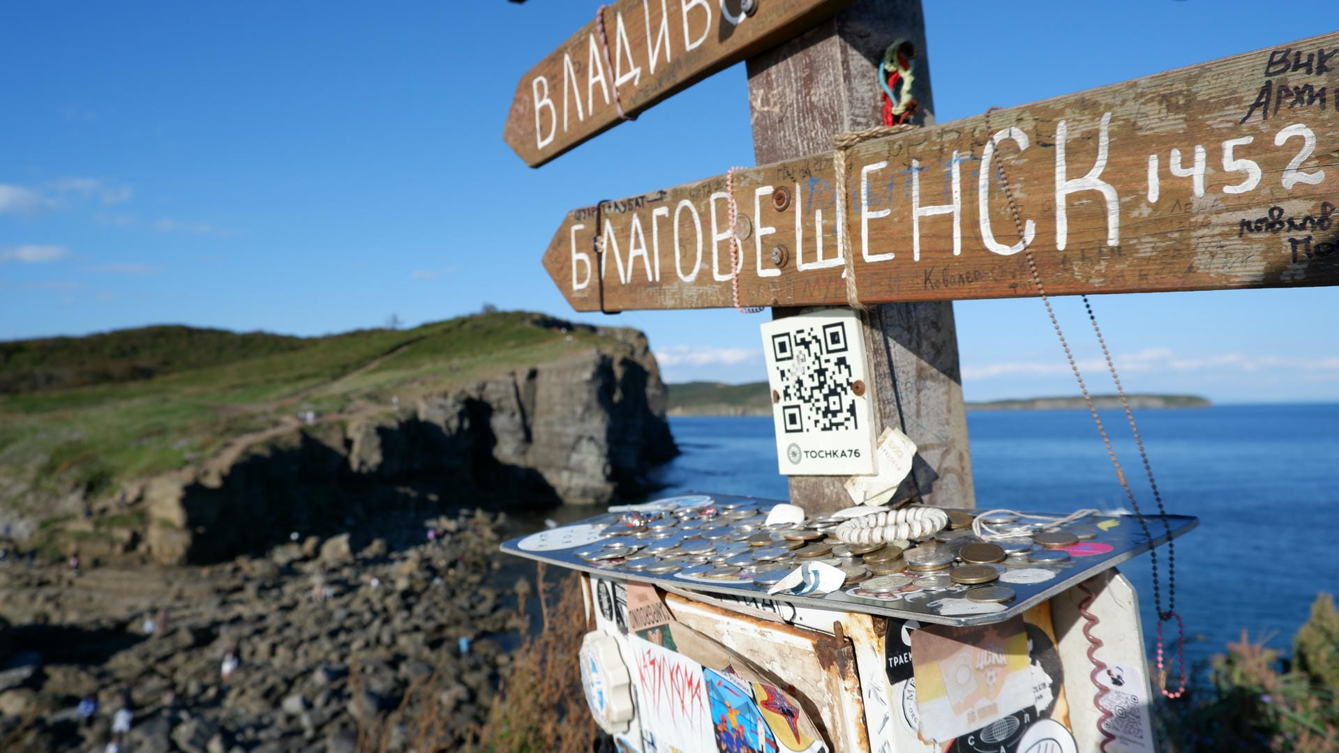 Signpost with city directions above box filled with coins/mementos.
