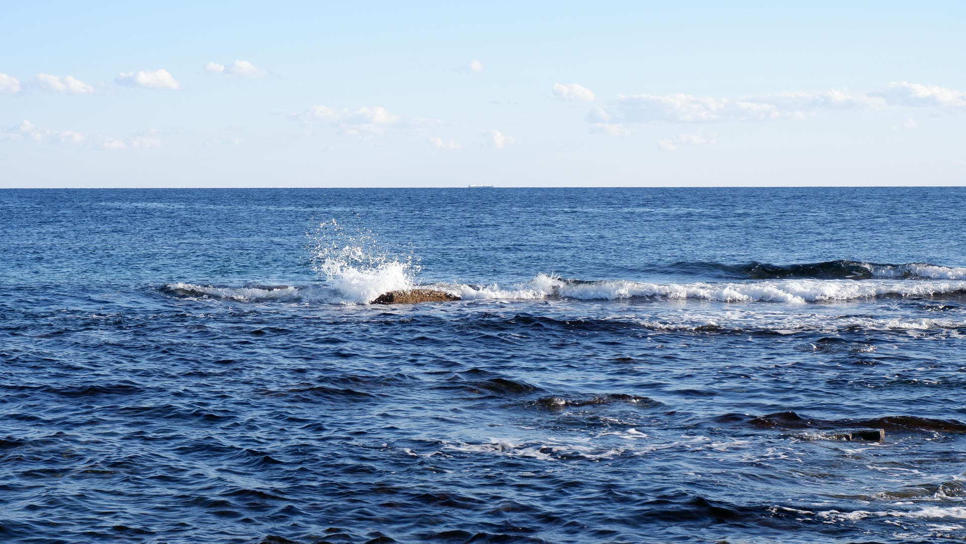 Waves crashing on rocks with white spray, distant clouds on horizon.