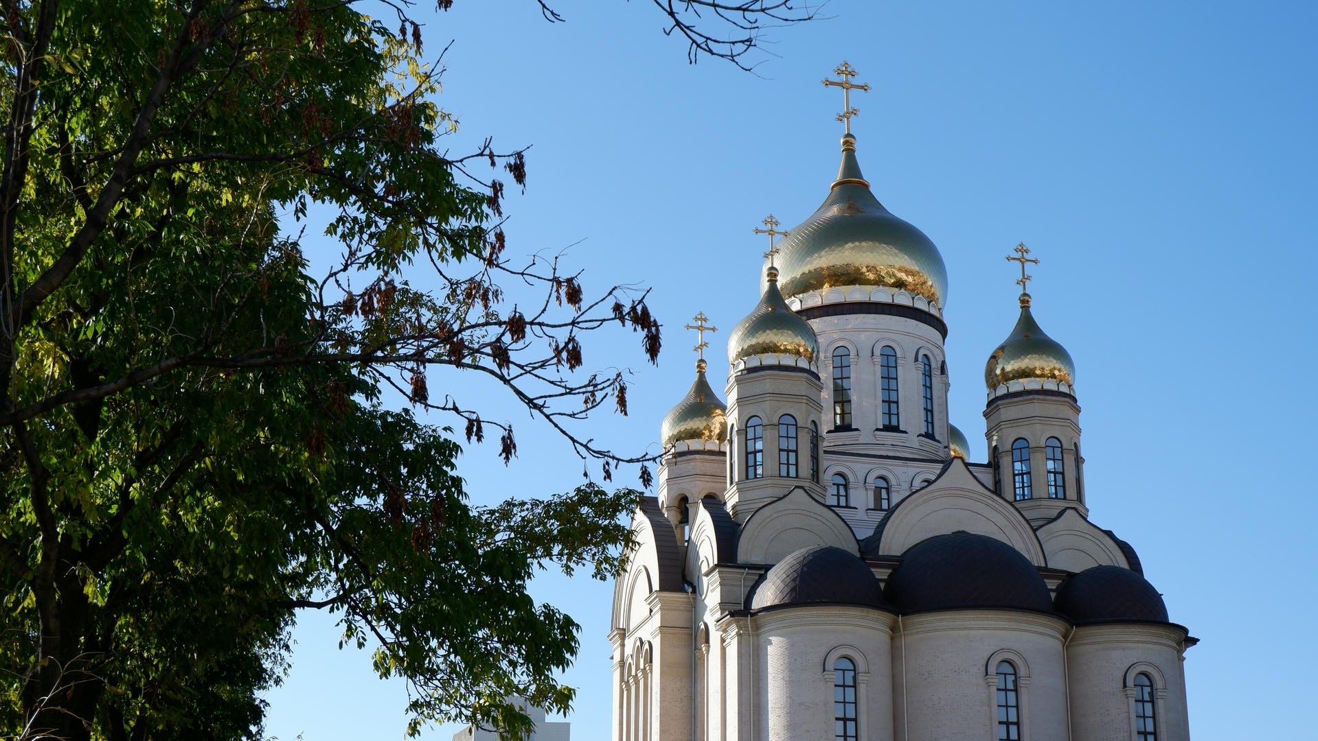A golden statue stands on a pedestal, with a plaque at its base and multi-story buildings in the background.