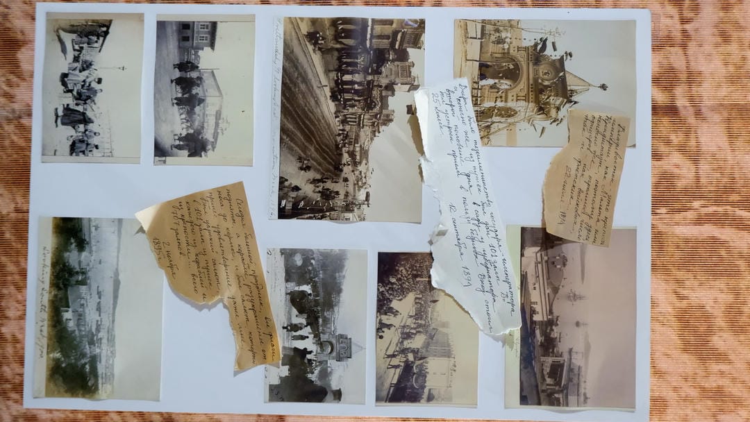 A collage of old photographs showing historical buildings and street scenes, accompanied by handwritten notes.