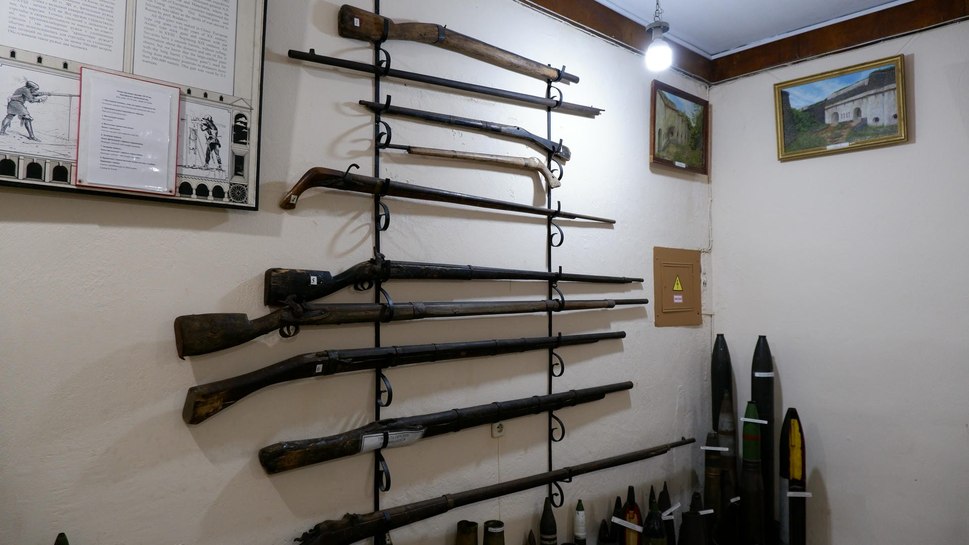 Several rifles hang on the wall, accompanied by shells and bullets, with two paintings on the wall.