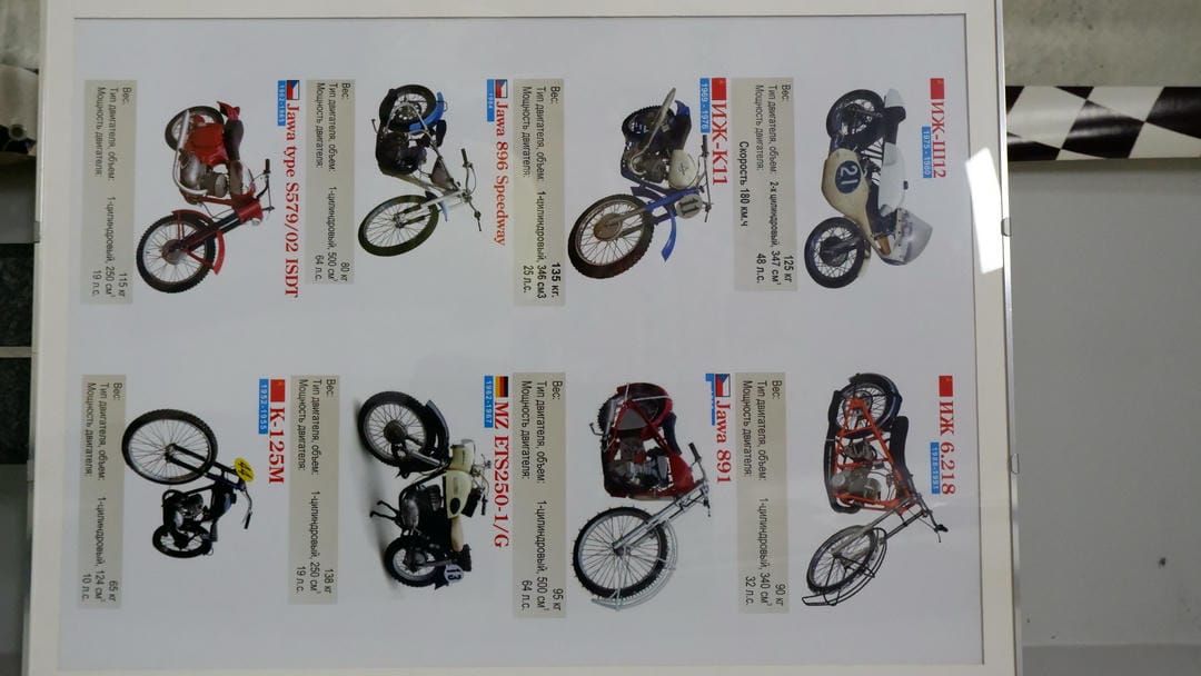 A display board featuring images and descriptions of various motorcycles.