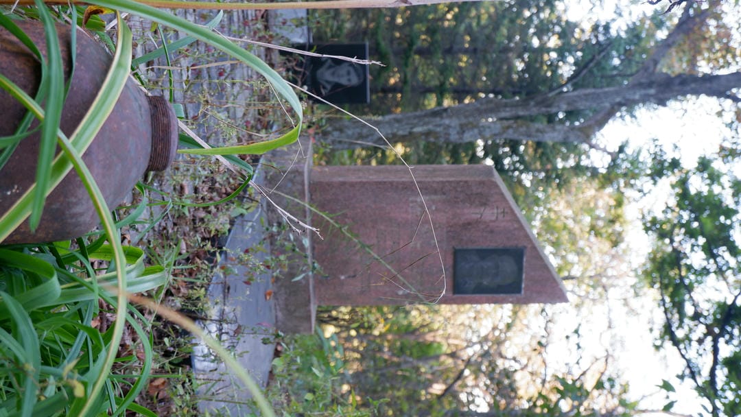 A red tombstone standing in a forest, with a black-and-white photo embedded on it.