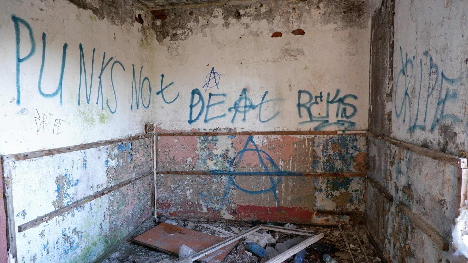 Inside the room, the walls are peeling, and graffiti reads “PUNKS NOT DEAD”.