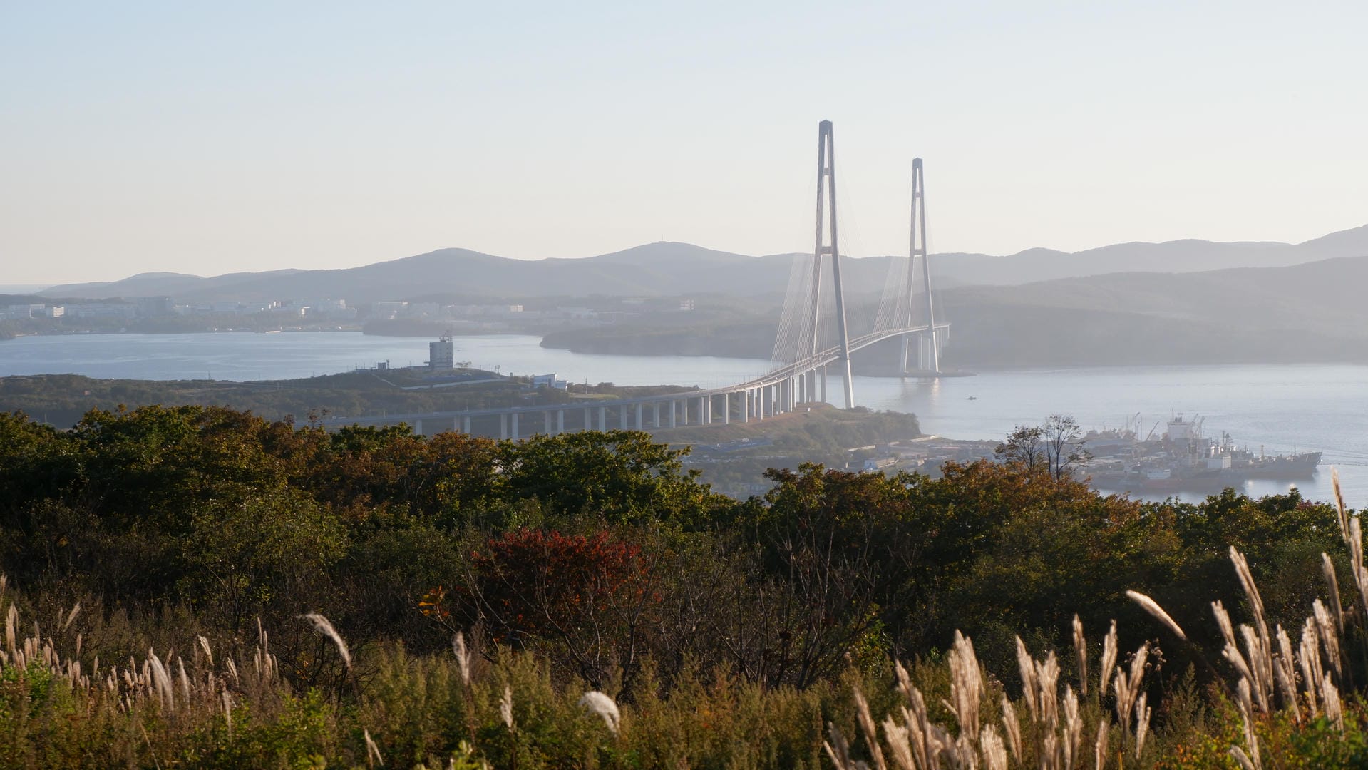 In the distance is a suspension bridge, with dense vegetation in the foreground.