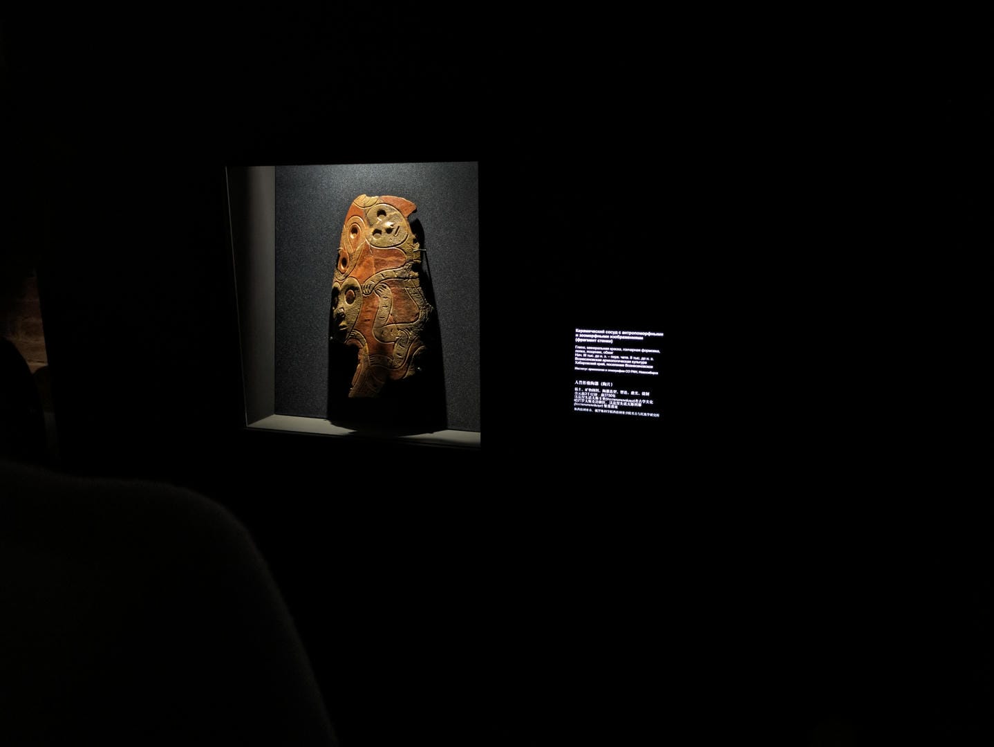 A colorful artifact displayed in a dark showcase.