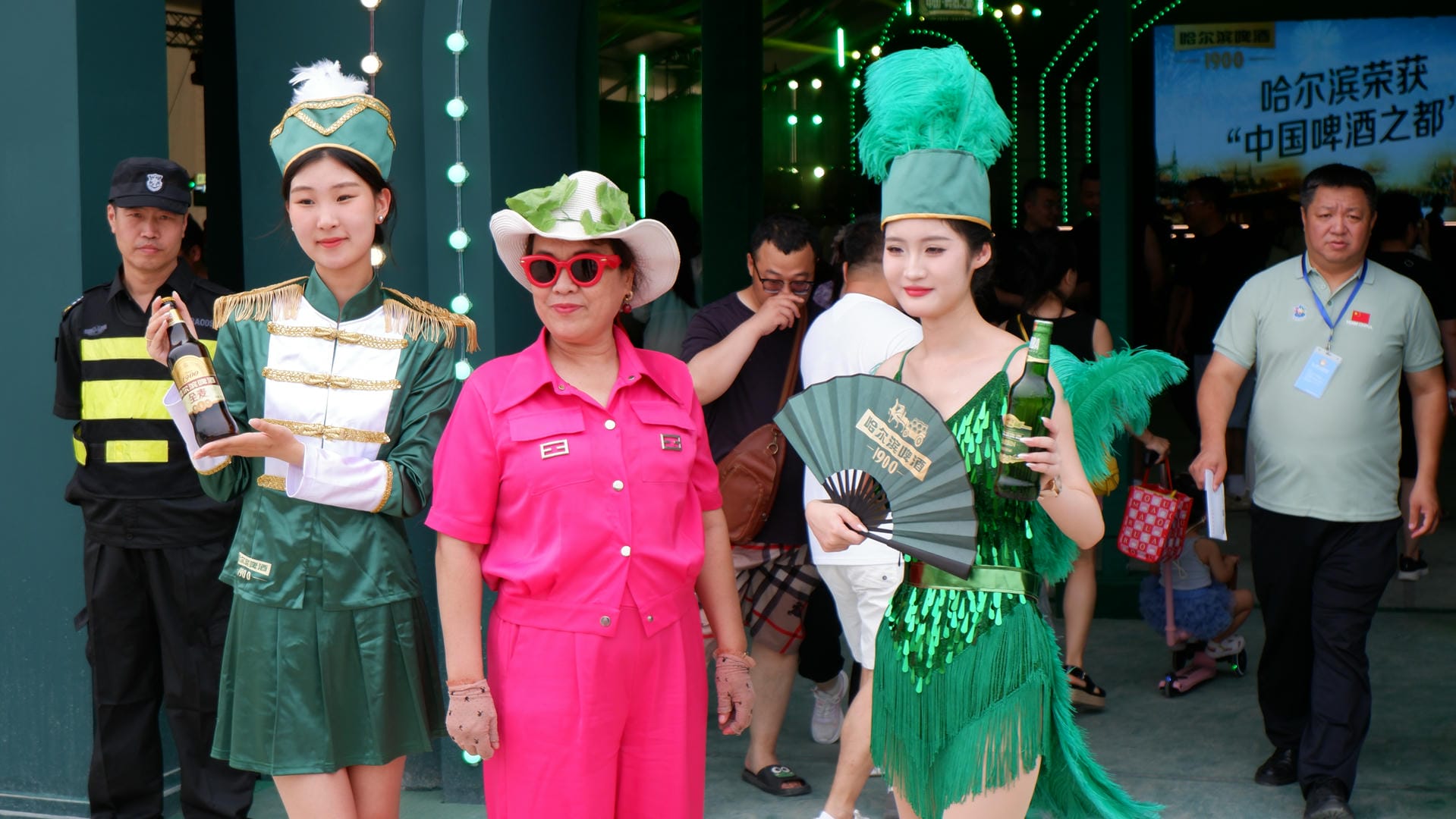 several people dressed in costumes and hats are standing together