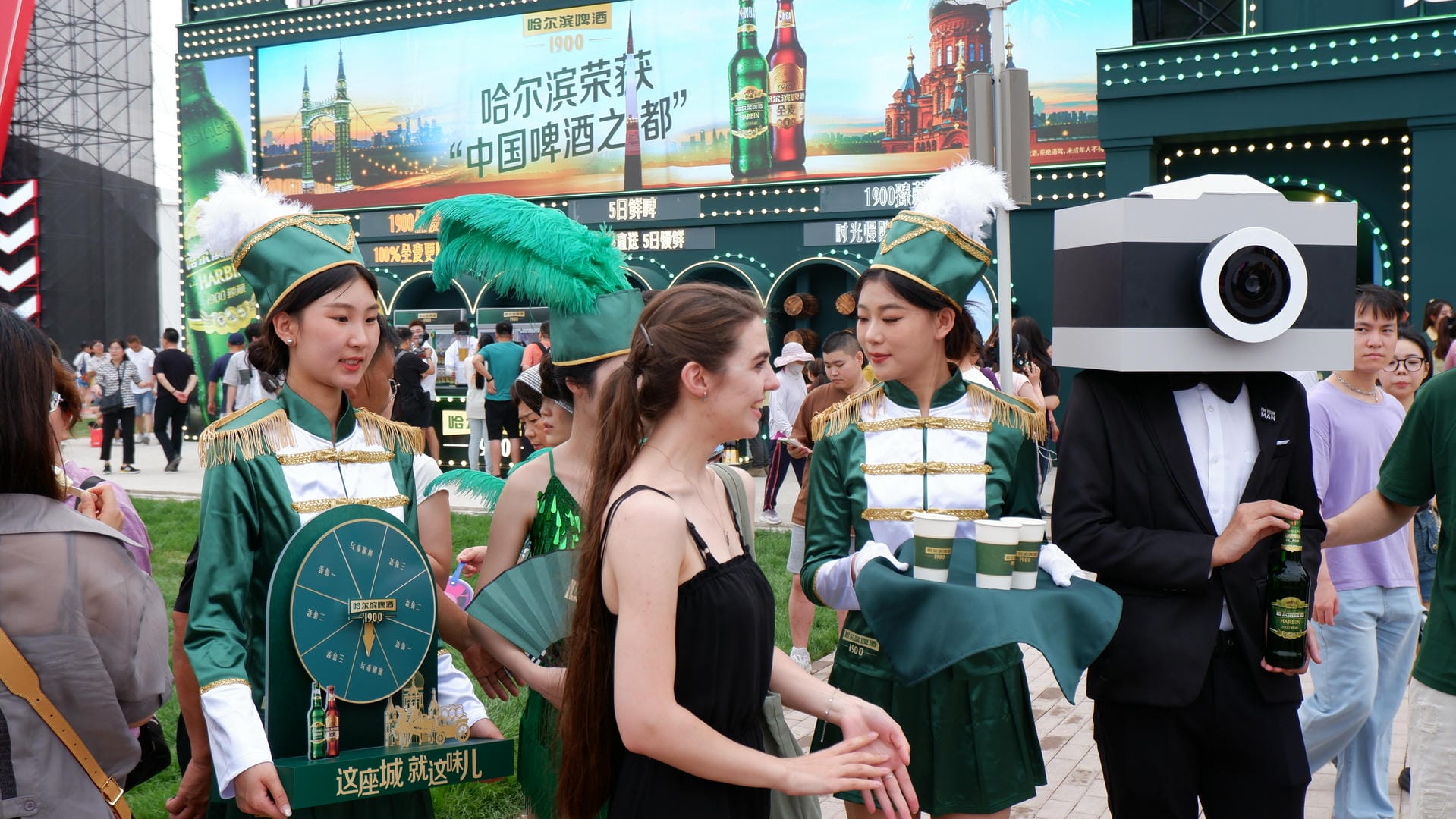 people in costumes are standing in a crowd with a camera