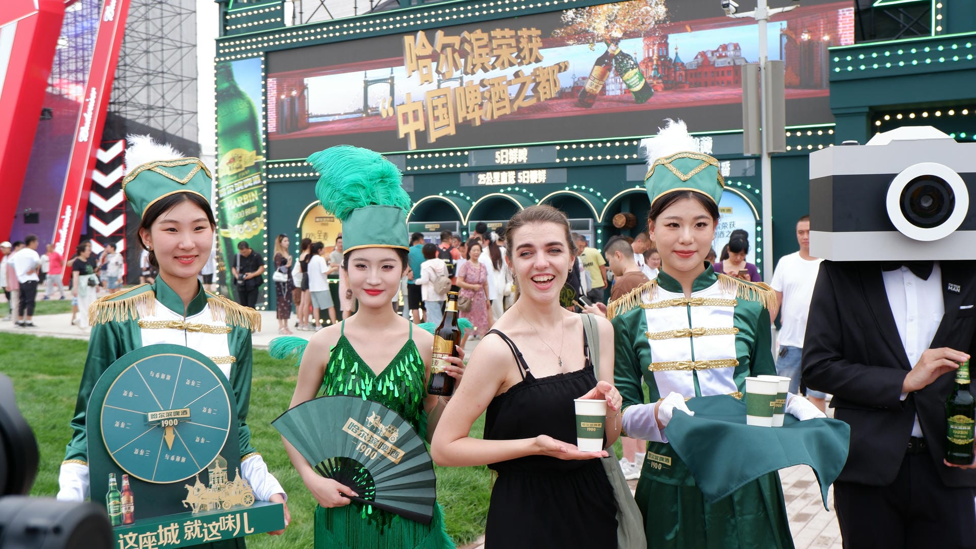 several people in costumes are posing for a picture with a camera