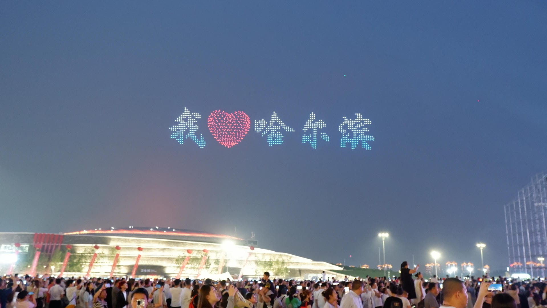 people are gathered in a large crowd watching a display of lights